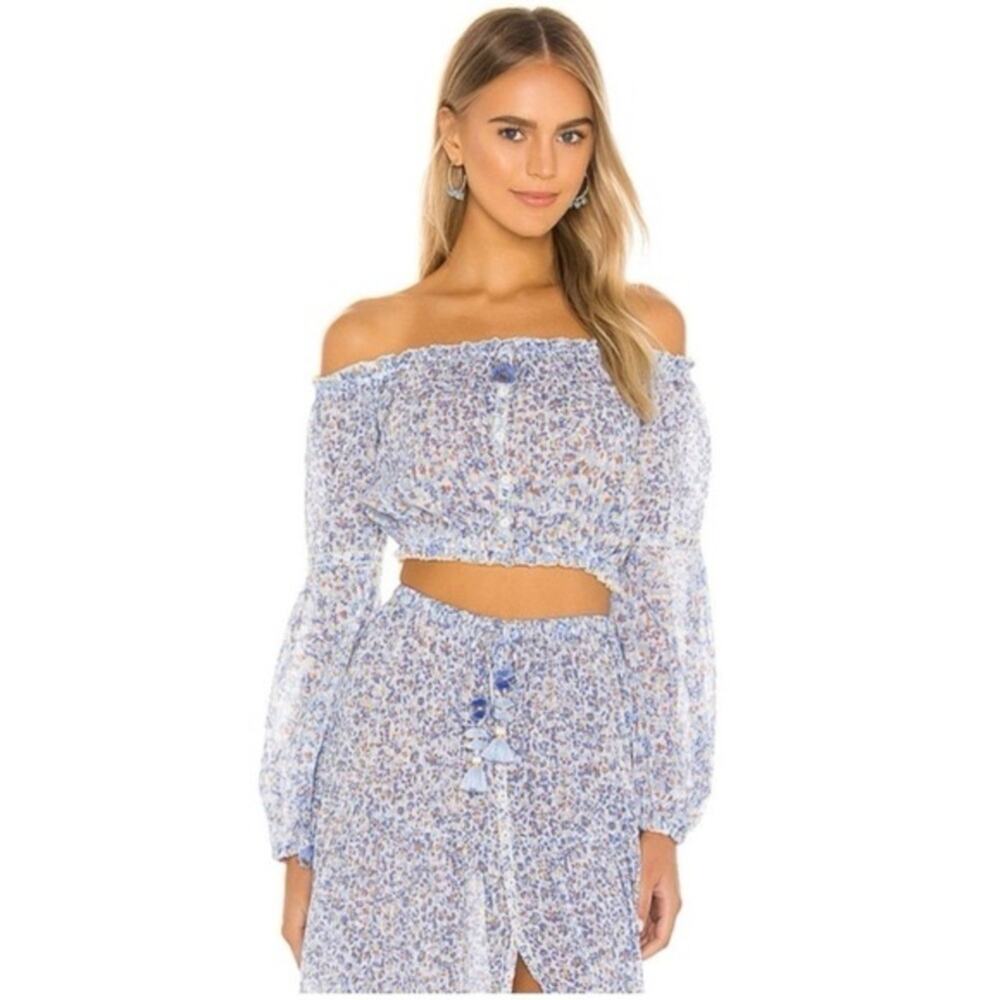 Poupette St. Barth Mini Rachel Top Blue Floral Print Off The Shoulder Boho M